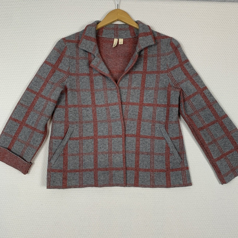 Anthropologie Moth Gray Red Windowpane Plaid Jacket Crop Snap Womens XS